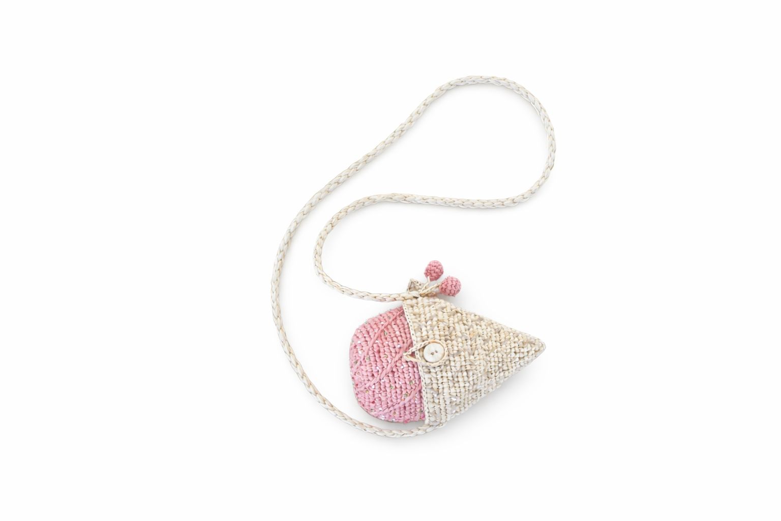 Hand-crocheted bicolour beige and dusty pink mini crossbody bag — children's raffia accessory