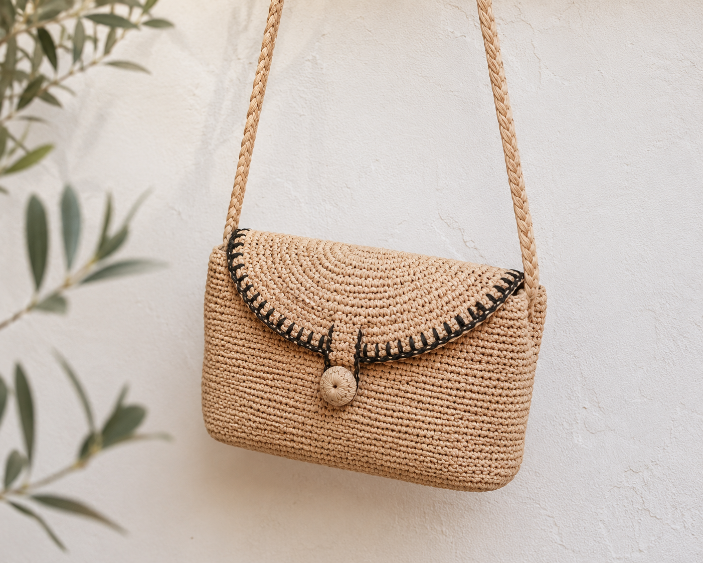 Hand-crocheted natural raffia crossbody bag with stitched flap — SOBIKA workshop Madagascar