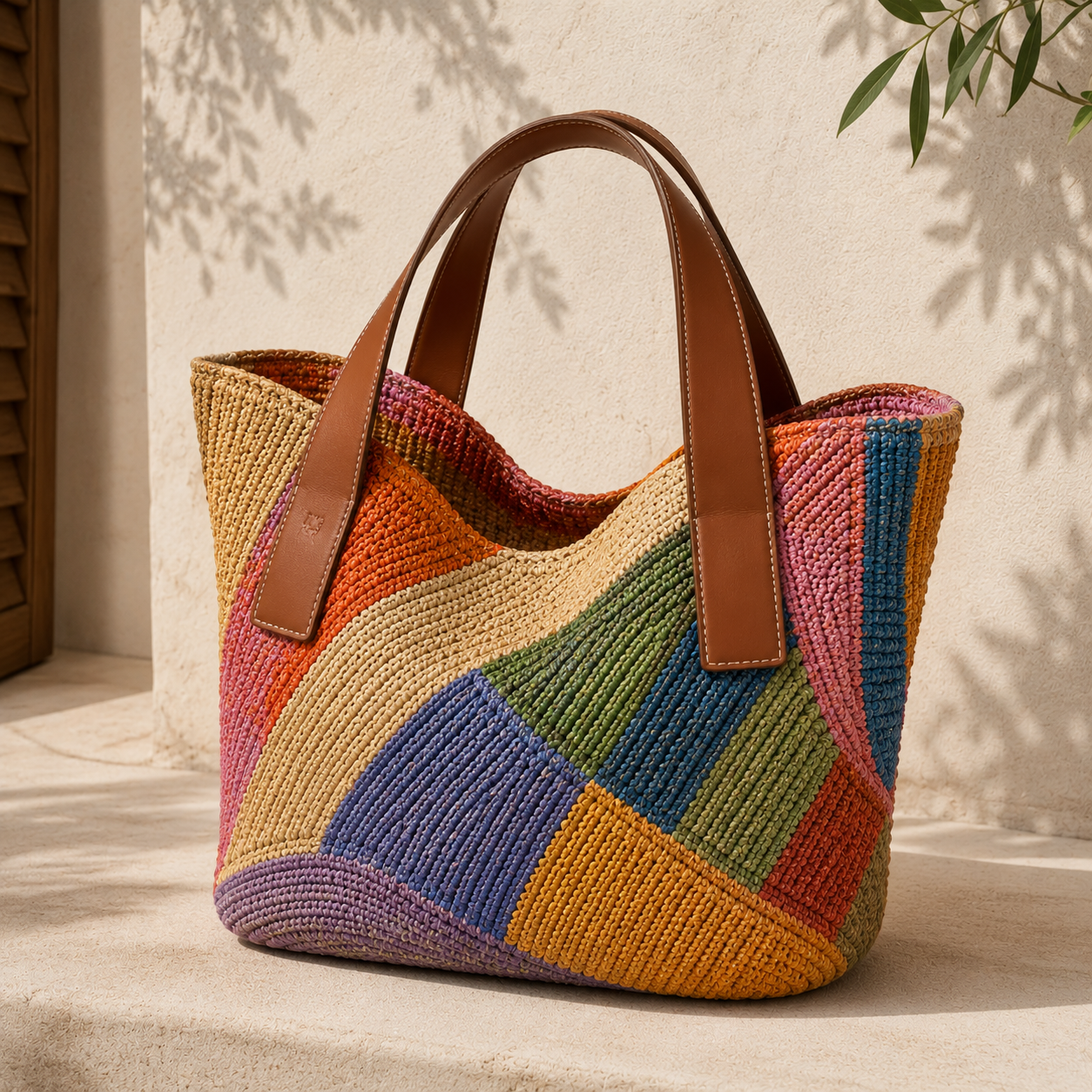 Hand-dyed patchwork natural raffia tote bag in natural colours — indigo blue, turmeric orange, hibiscus pink, green and lavender — SOBIKA workshop Madagascar